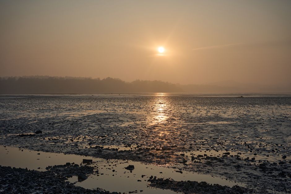 Tranquil sunset over Cramond Island's reflective mudflats, capturing nature's calm beauty.